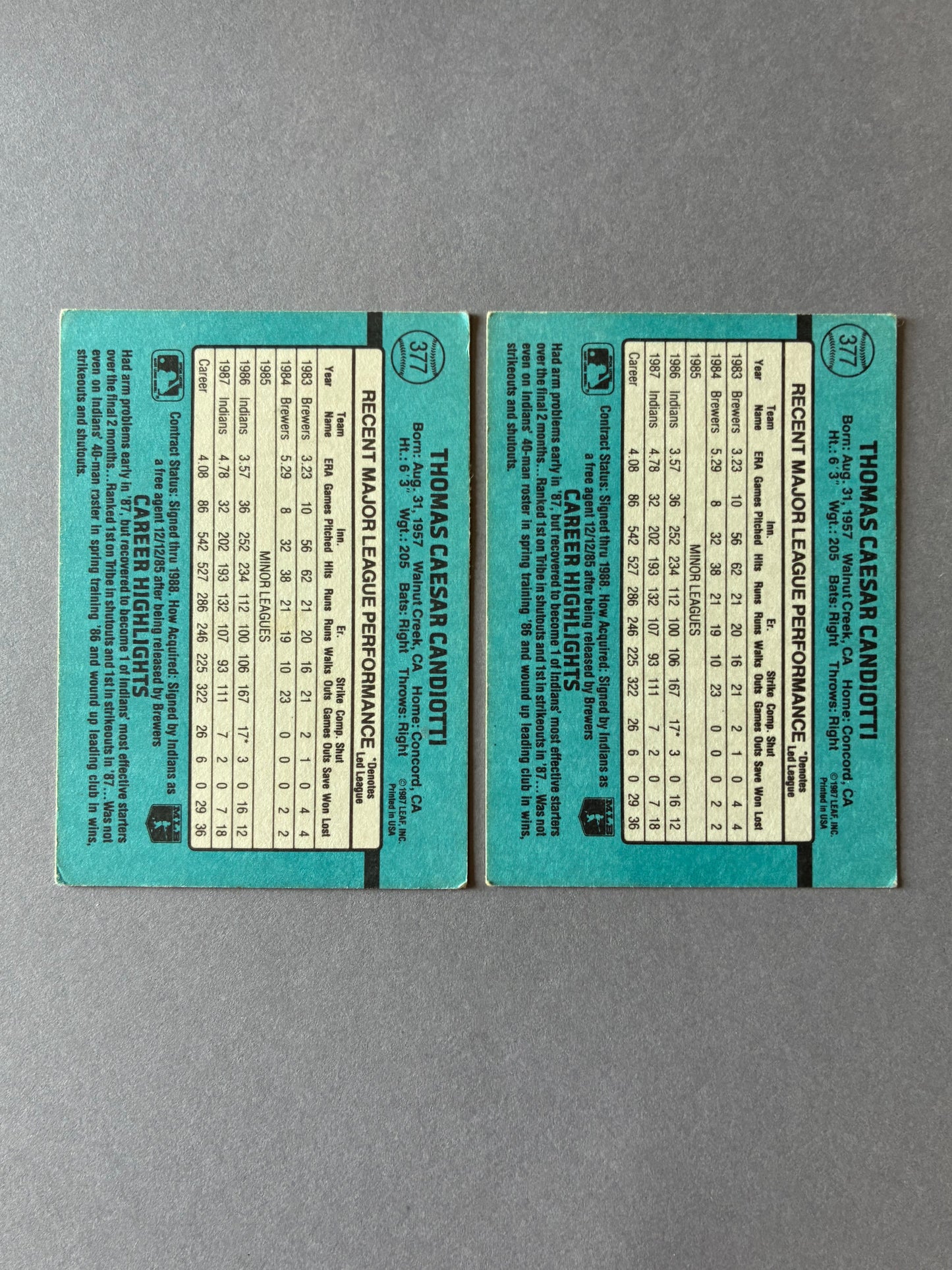 (LOT OF 2) 1988 DONRUSS - TOM CANDIOTTI #377 CLEVELAND INDIANS