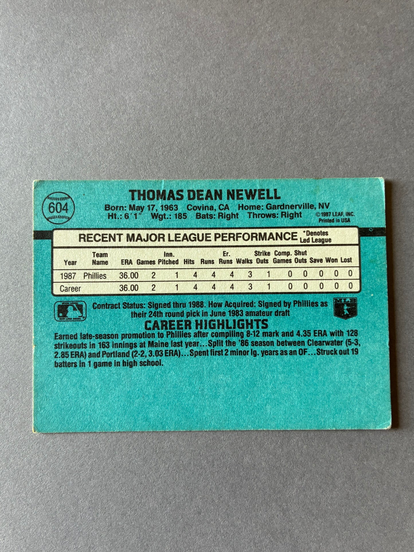 1988 DONRUSS - TOM NEWELL #604 PHILLIES
