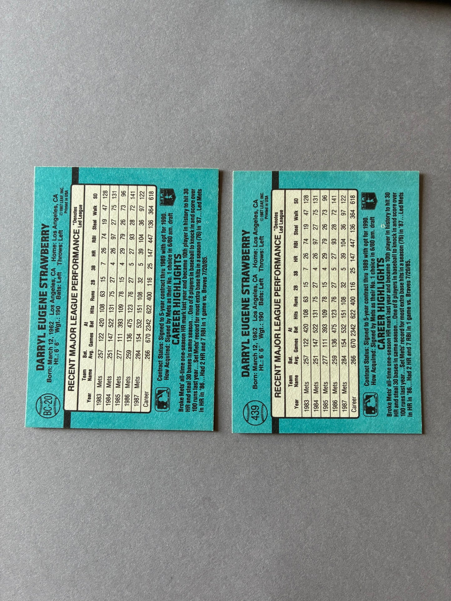 (LOT OF 2) 1988 DONRUSS - DARRYL STRAWBERRY #439 #BC-20 METS