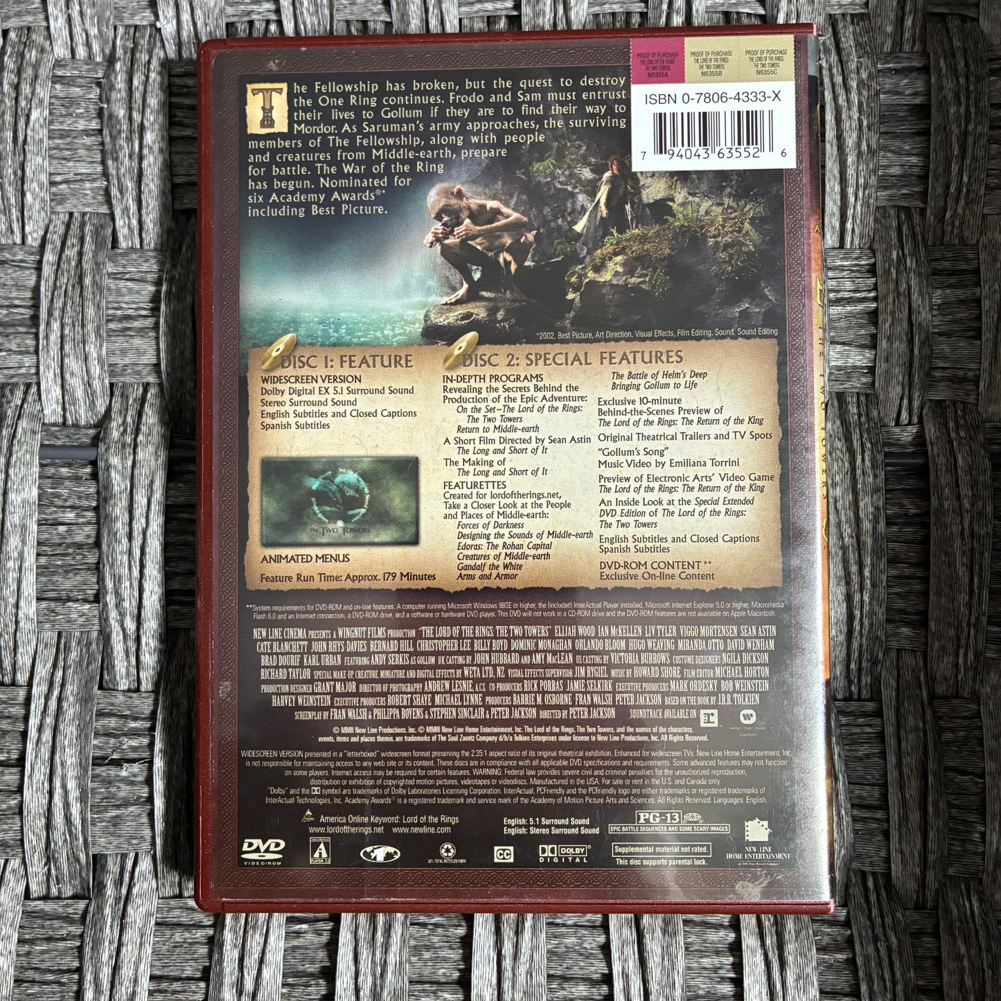 THE LORD OF THE RINGS: THE TWO TOWERS WIDESCREEN EDITION DVD - PRE OWNED GOOD