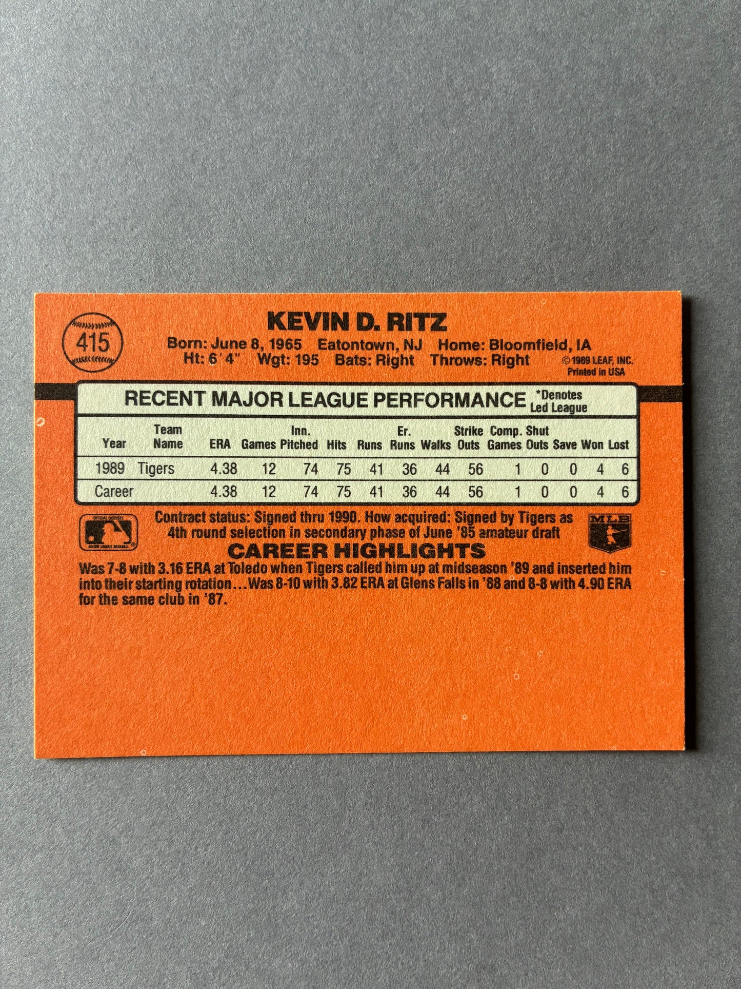 1990 DONRUSS - KEVIN D. RITZ #415 (TIGERS)