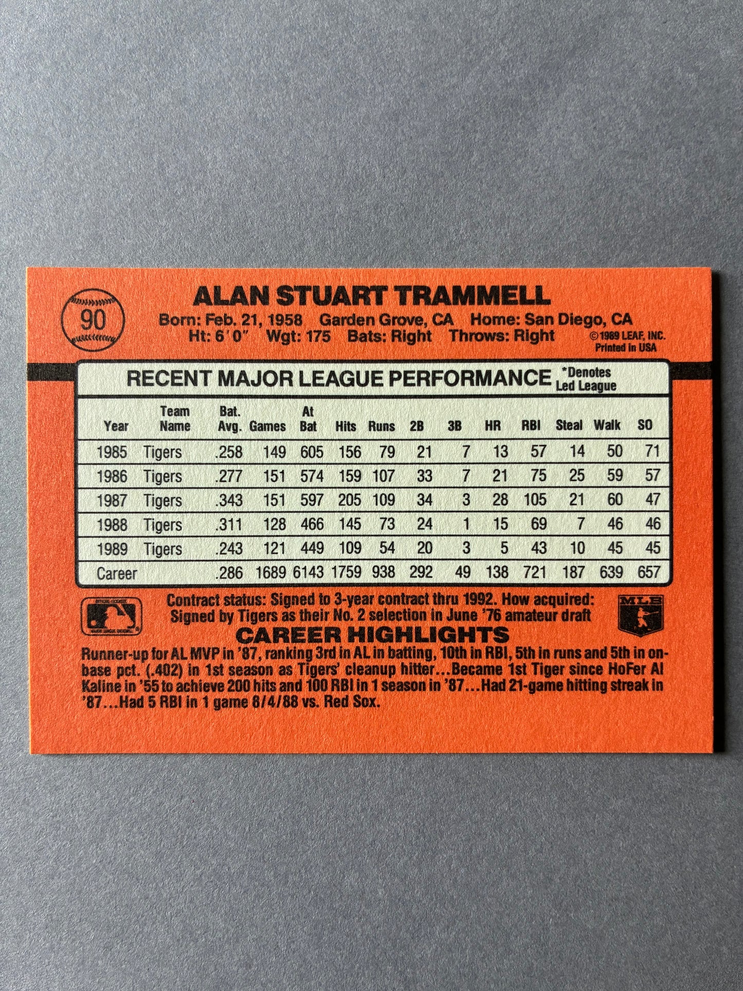 1990 DONRUSS - ALAN STUART TRAMMELL #90 (TIGERS)