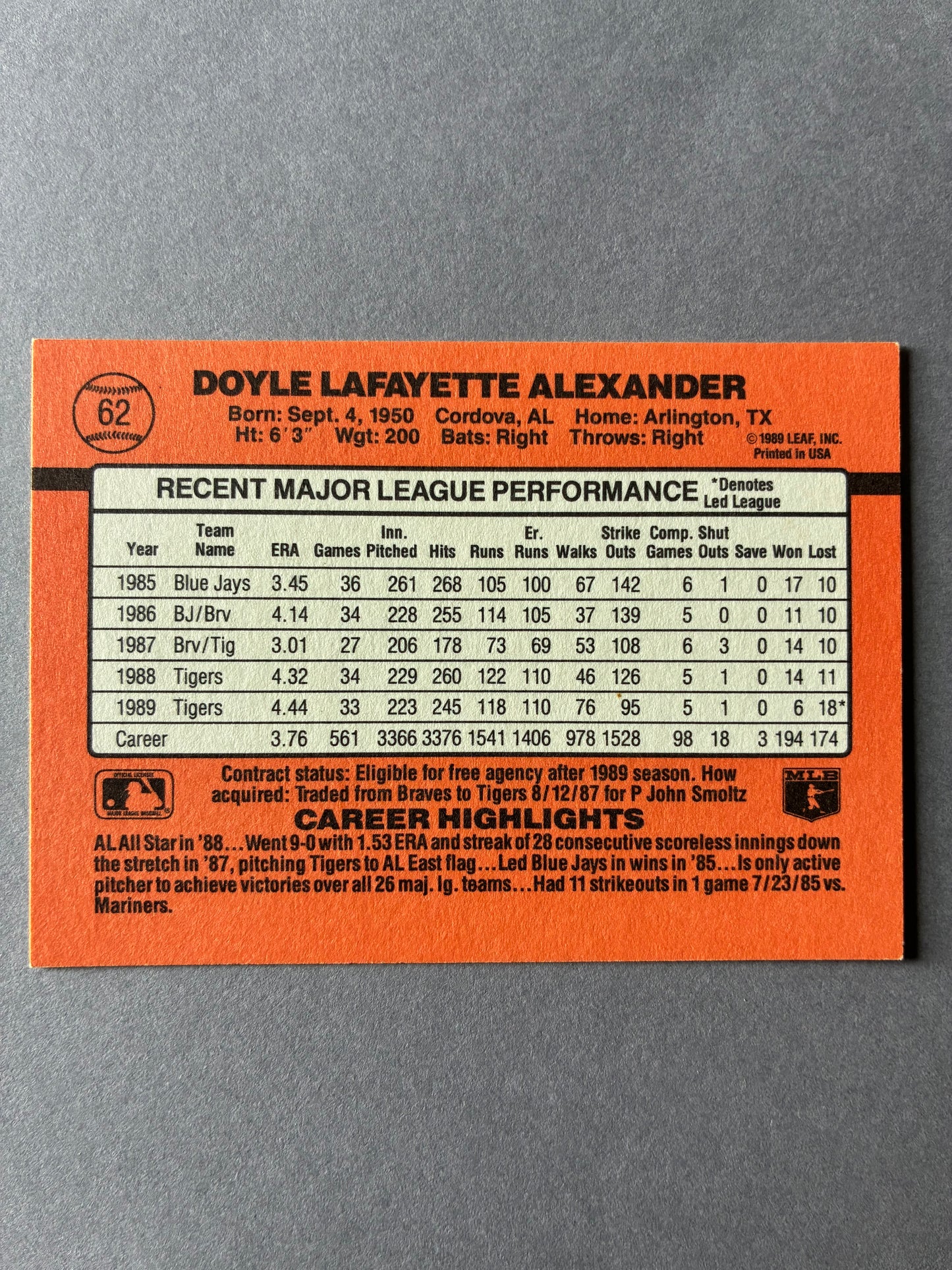 1990 DONRUSS - DOYLE LAFAYETTE ALEXANDER #62 (TIGERS)