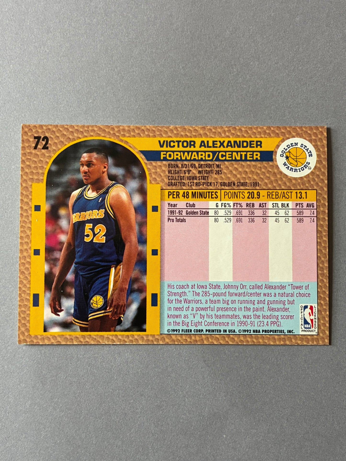 1992-93 FLEER - VICTOR ALEXANDER #72 (GOLDEN STATE WARRIORS)