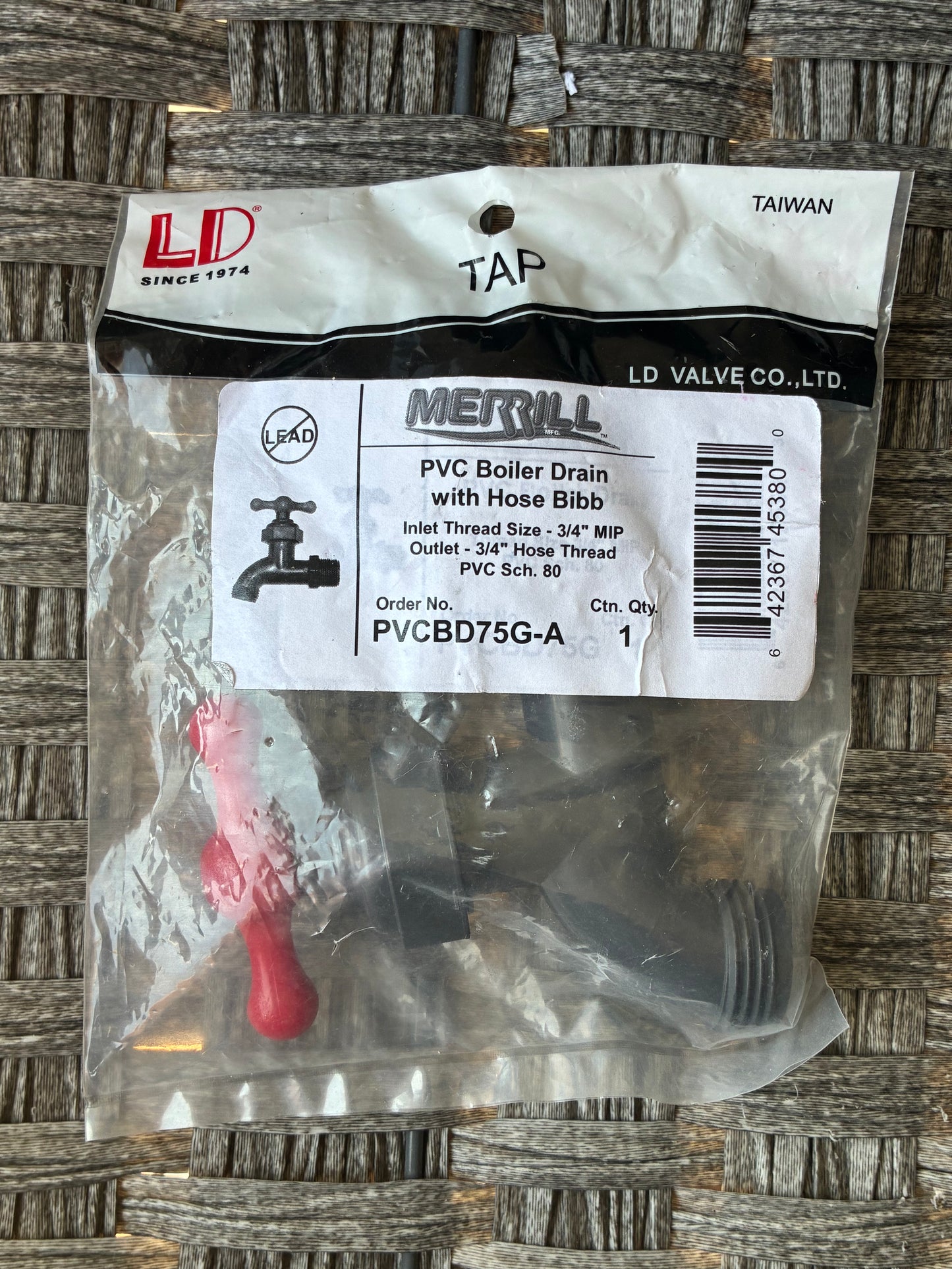 MERRILL PVC BOILER DRAIN WITH HOSE BIBB PVCBD75G-A INLET THREAD 3/4" MIP OUTLET