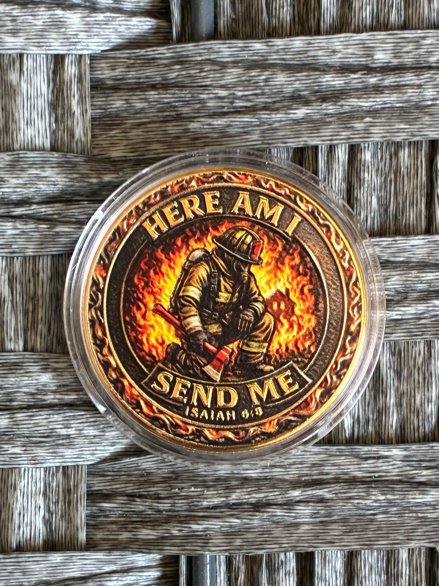 FIRE DEPARTMENT CHALLENGE COIN HERE AM I SEND ME ISAIAH 6:8 COLLECTIBLE COIN