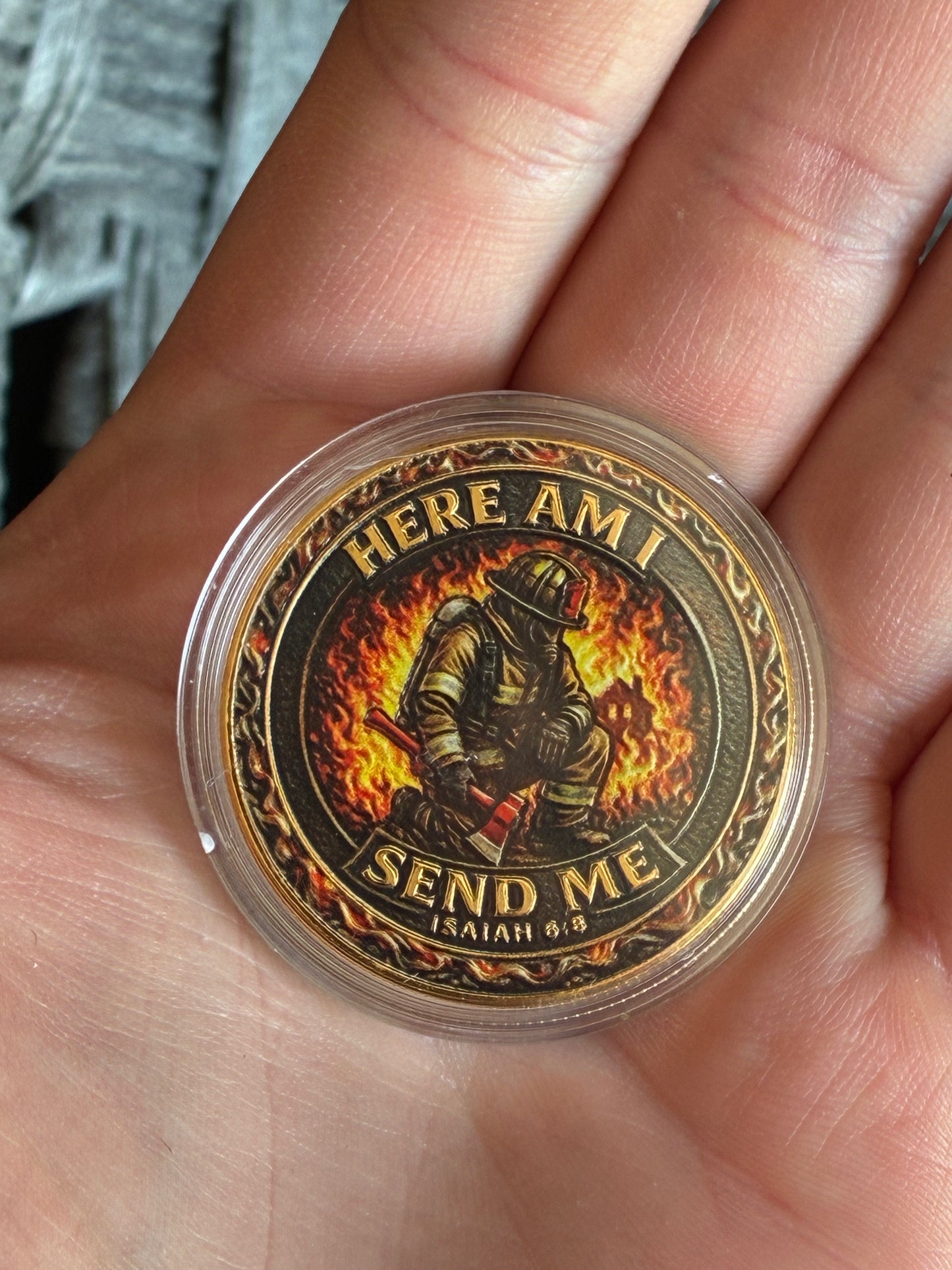 FIRE DEPARTMENT CHALLENGE COIN HERE AM I SEND ME ISAIAH 6:8 COLLECTIBLE COIN