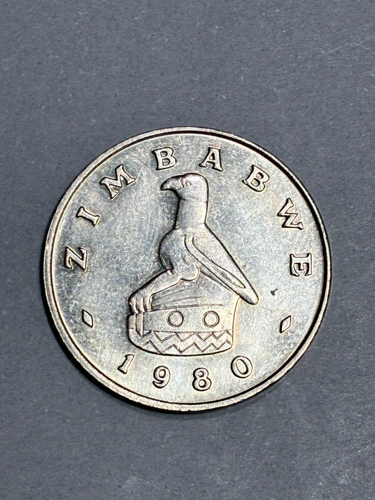 1980 ZIMBABWE 50 CENTS COPPER NICKEL COIN FT. ZIMBABWE SOAPSTONE BIRD - CIRC.