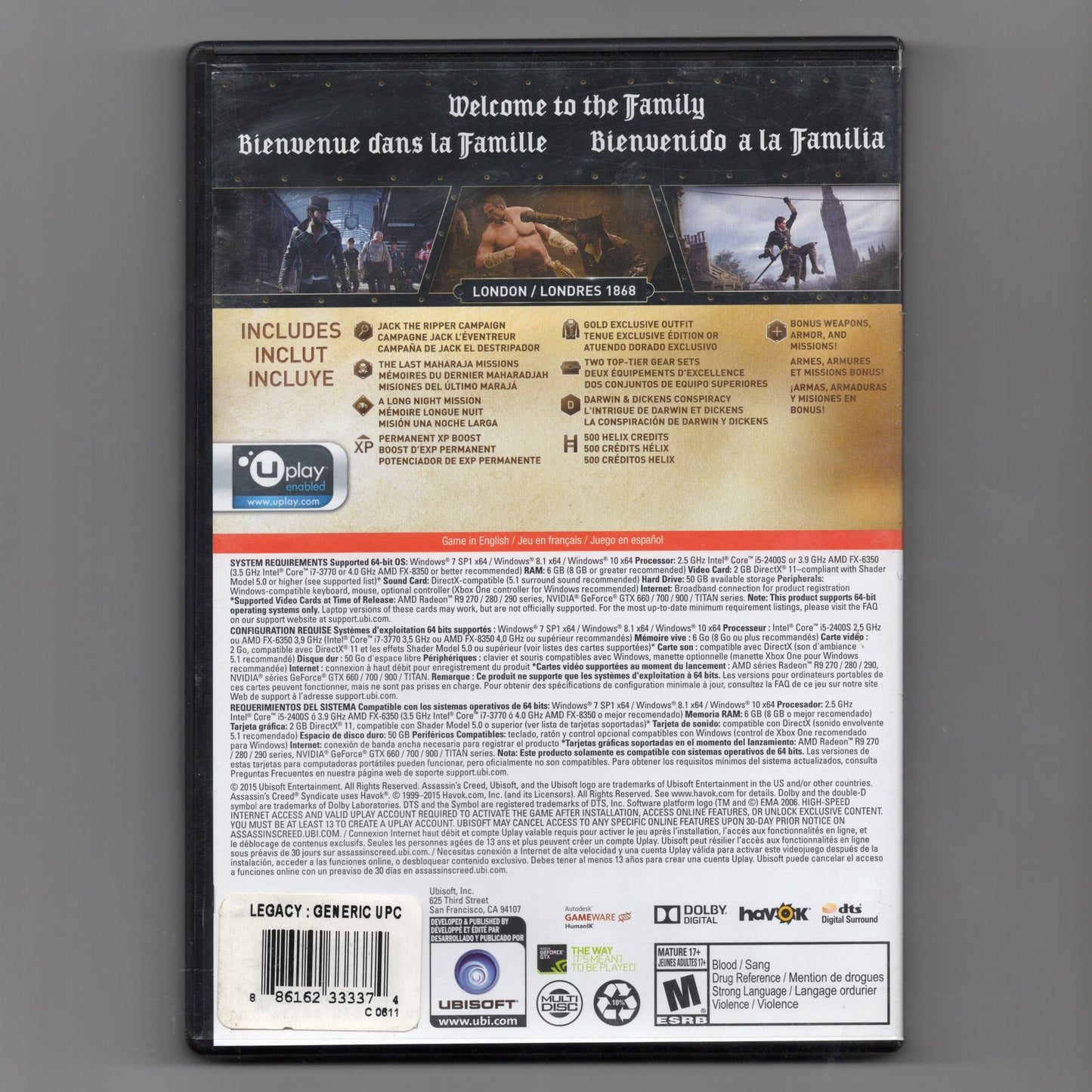ASSASSIN'S CREED SYNDICATE GOLD EDITION FOR PC 5 DISC + 2 CODES - PRE OWNED GOOD