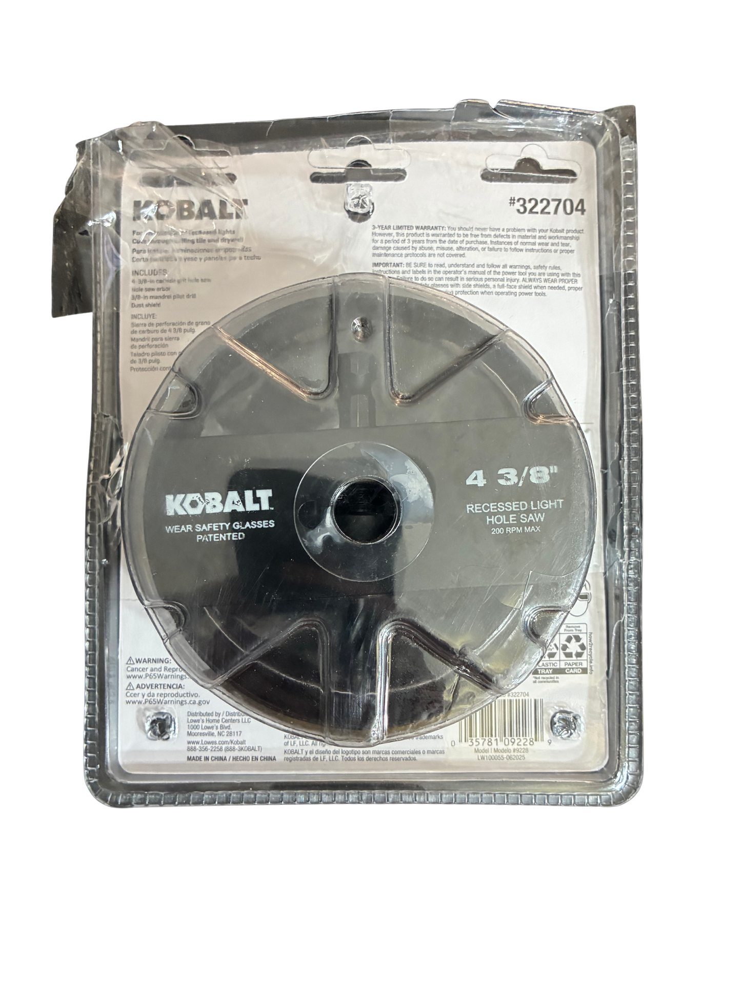 KOBALT 4-3/8" CARBIDE-GRIT RECESSED LIGHT HOLE SAW KIT OPENED