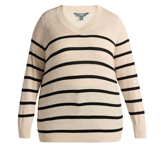TERRA & SKY WOMEN'S PLUS SIZE V-NECK SWEATER - OATMEAL HEATHER STRIPE