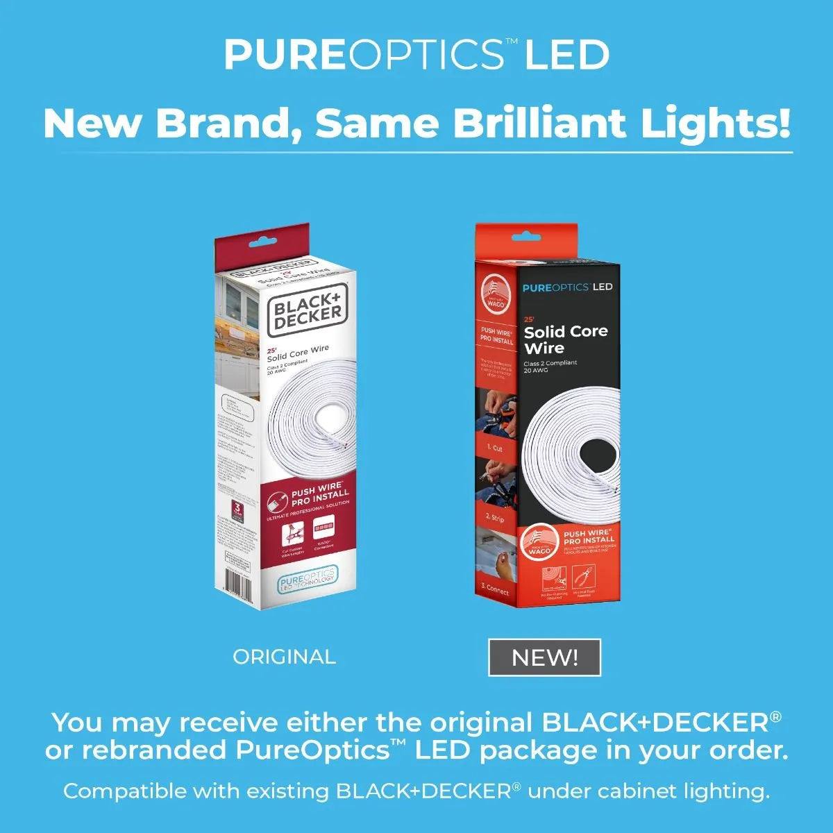 PUREOPTICS LED BLACK + DECKER 25' SOLID CORE WIRE 20 AWG CLASS 2 COMPLIANT NEW
